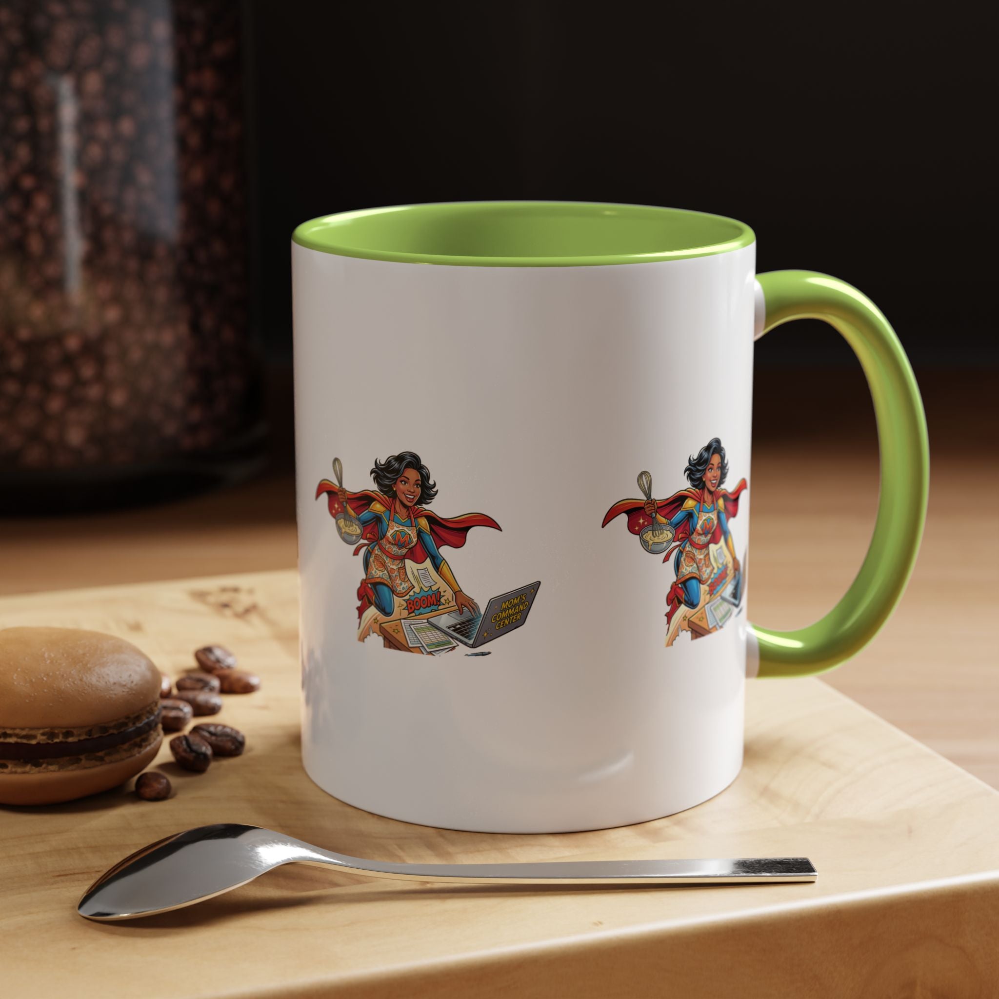 Supermom Coffee Mug — Mom Superhero Design, 'Boom!' Accent Mug (11/15oz)